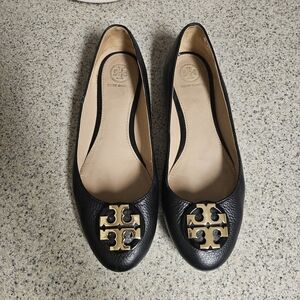 Tory Burch Black Leather Logo Ballet Flats